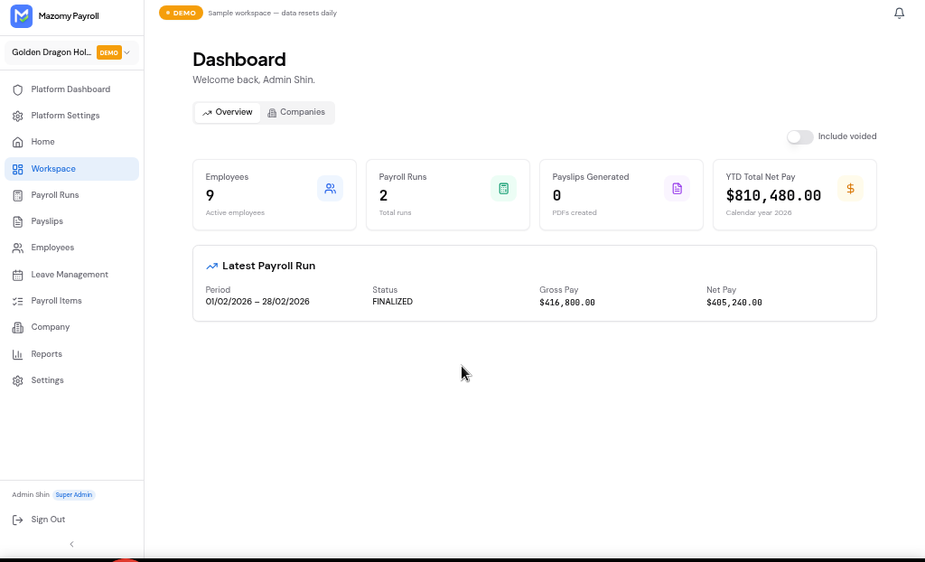 Mazomy Payroll dashboard showing employees, payroll runs and payslip summaries
